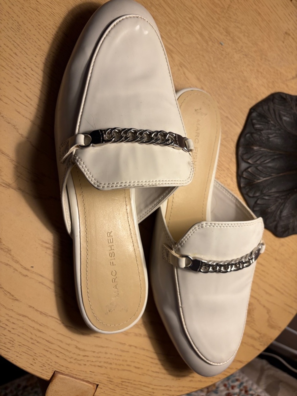 Marc Fisher White Chain-Trim Mules